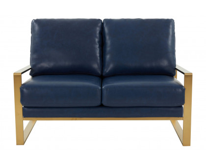 LeisureMod Jefferson Contemporary Modern Faux Leather Loveseat With Gold Frame - Navy Blue