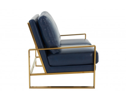 LeisureMod Jefferson Contemporary Modern Faux Leather Loveseat With Gold Frame - Navy Blue