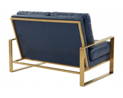 LeisureMod Jefferson Contemporary Modern Faux Leather Loveseat With Gold Frame - Navy Blue