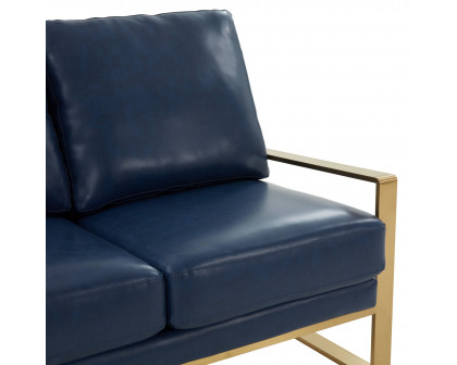 LeisureMod Jefferson Contemporary Modern Faux Leather Loveseat With Gold Frame - Navy Blue