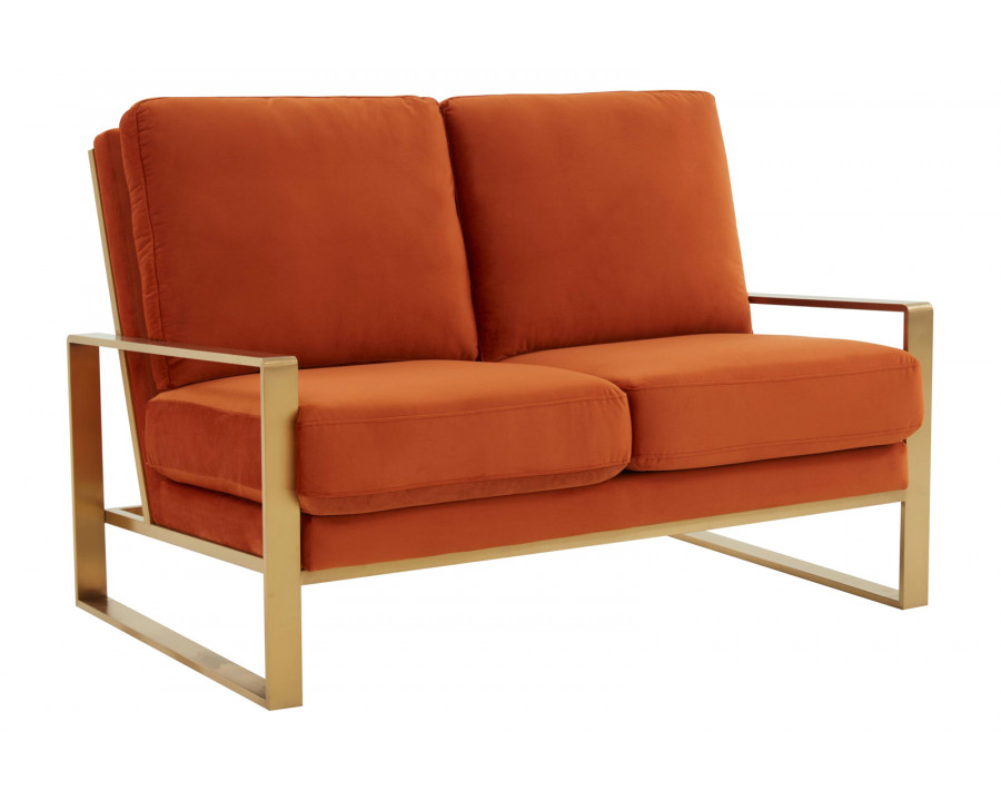 LeisureMod Jefferson Contemporary Modern Velvet Loveseat With Gold Frame - Orange