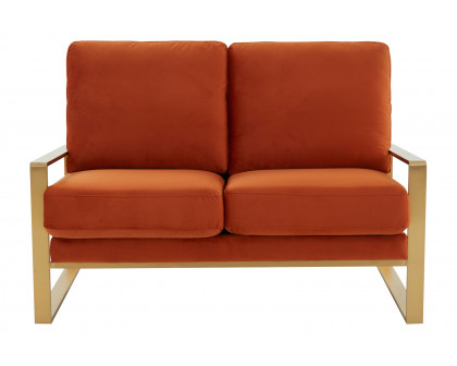 LeisureMod Jefferson Contemporary Modern Velvet Loveseat With Gold Frame - Orange