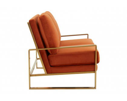 LeisureMod Jefferson Contemporary Modern Velvet Loveseat With Gold Frame - Orange