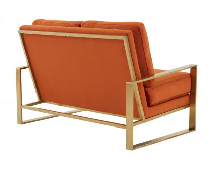 LeisureMod Jefferson Contemporary Modern Velvet Loveseat With Gold Frame - Orange