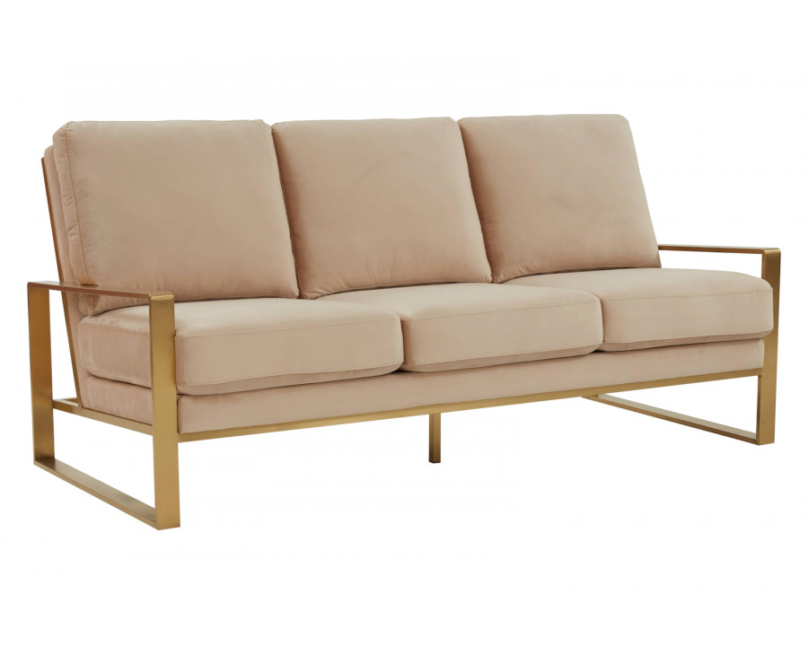 LeisureMod Jefferson Contemporary Modern Design Velvet Sofa With Gold Frame - Beige