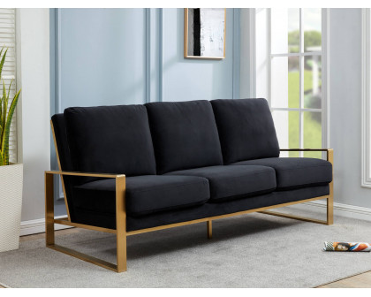 LeisureMod Jefferson Contemporary Modern Design Velvet Sofa With Gold Frame - Black