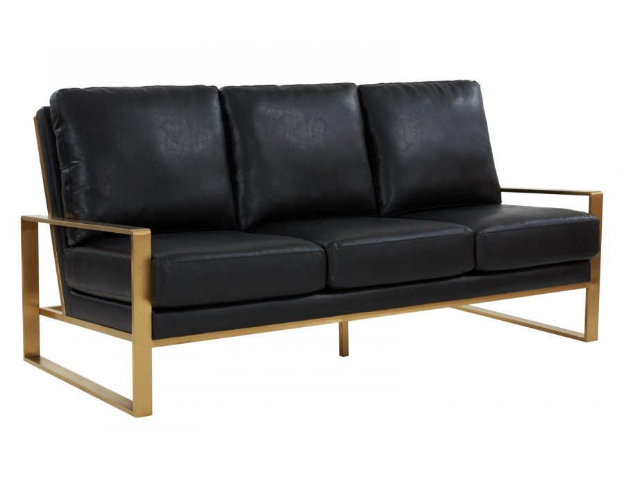 LeisureMod Jefferson Contemporary Modern Design Leather Sofa With Gold Frame - Black