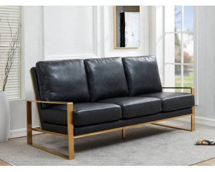 LeisureMod Jefferson Contemporary Modern Design Leather Sofa With Gold Frame - Black