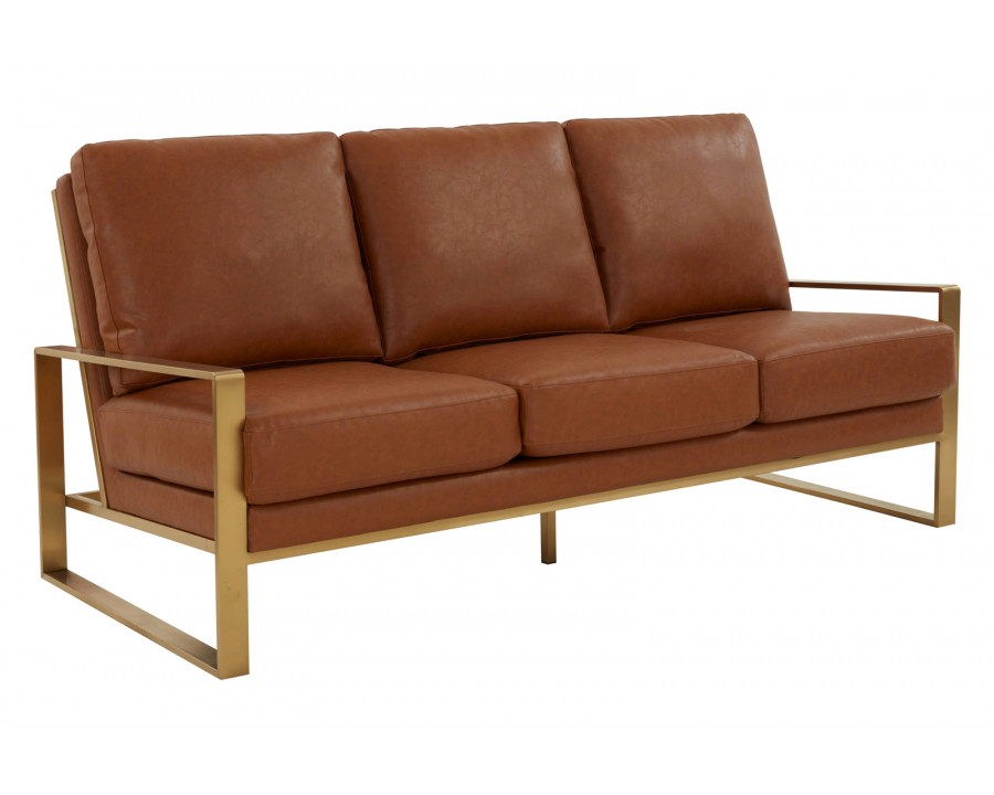 LeisureMod Jefferson Contemporary Modern Design Leather Sofa With Gold Frame - Cognac Tan