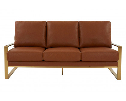 LeisureMod Jefferson Contemporary Modern Design Leather Sofa With Gold Frame - Cognac Tan