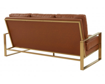 LeisureMod Jefferson Contemporary Modern Design Leather Sofa With Gold Frame - Cognac Tan