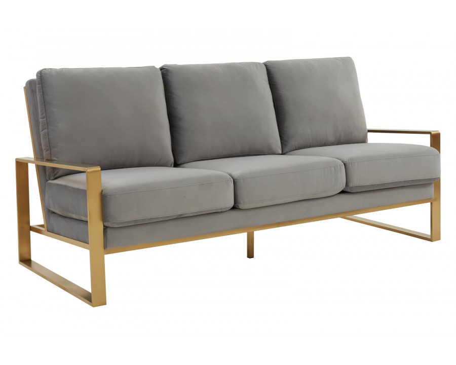 LeisureMod Jefferson Contemporary Modern Design Velvet Sofa With Gold Frame - Light Gray