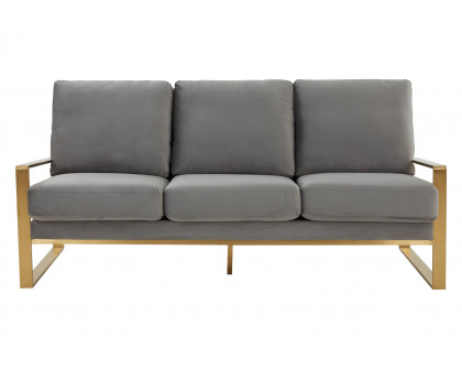 LeisureMod Jefferson Contemporary Modern Design Velvet Sofa With Gold Frame - Light Gray