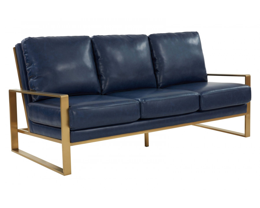 LeisureMod Jefferson Contemporary Modern Design Leather Sofa With Gold Frame - Navy Blue