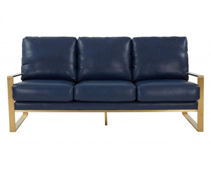 LeisureMod Jefferson Contemporary Modern Design Leather Sofa With Gold Frame - Navy Blue