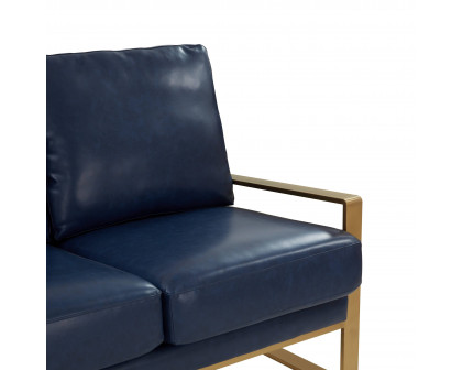 LeisureMod Jefferson Contemporary Modern Design Leather Sofa With Gold Frame - Navy Blue