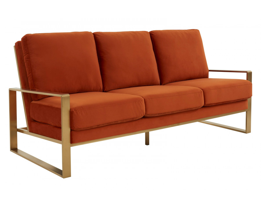 LeisureMod Jefferson Contemporary Modern Design Velvet Sofa With Gold Frame - Orange