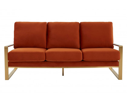 LeisureMod Jefferson Contemporary Modern Design Velvet Sofa With Gold Frame - Orange