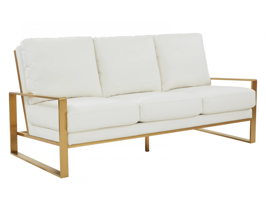 LeisureMod Jefferson Contemporary Modern Design Leather Sofa With Gold Frame - White