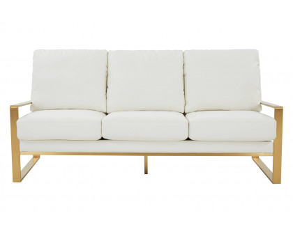 LeisureMod Jefferson Contemporary Modern Design Leather Sofa With Gold Frame - White