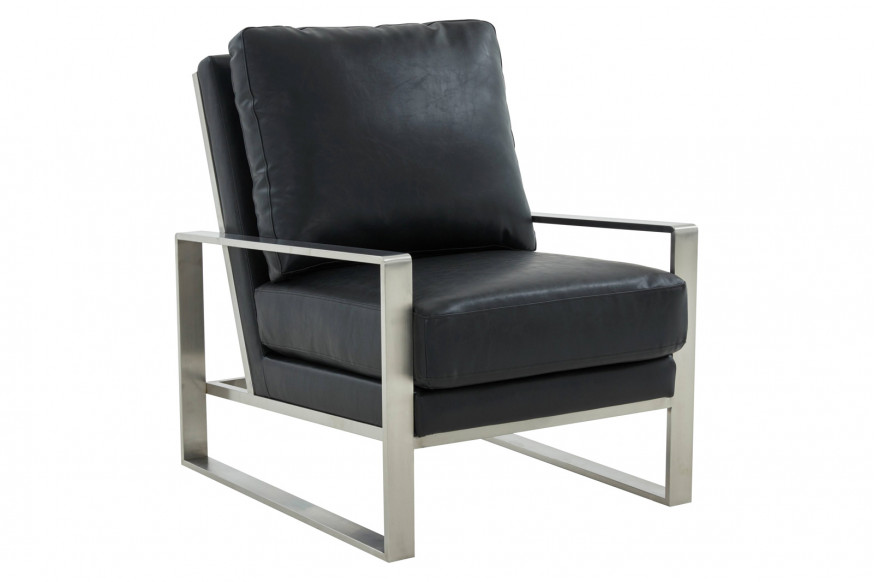 LeisureMod™ Jefferson Leather Modern Design Accent Armchair With Elegant Silver Frame - Black