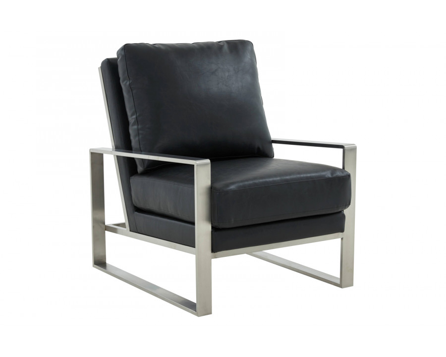 LeisureMod Jefferson Leather Modern Design Accent Armchair With Elegant Silver Frame - Black