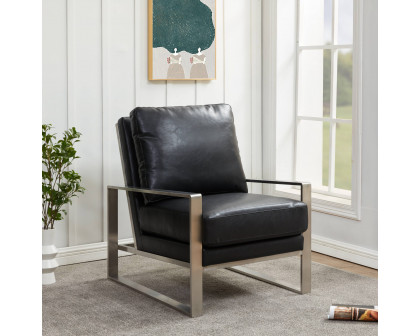 LeisureMod™ Jefferson Leather Modern Design Accent Armchair With Elegant Silver Frame - Black