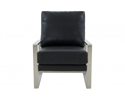 LeisureMod™ Jefferson Leather Modern Design Accent Armchair With Elegant Silver Frame - Black