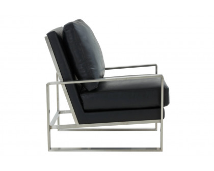 LeisureMod™ Jefferson Leather Modern Design Accent Armchair With Elegant Silver Frame - Black