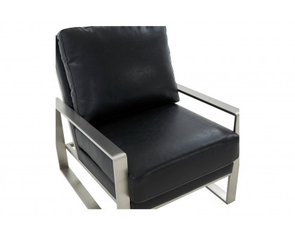 LeisureMod™ Jefferson Leather Modern Design Accent Armchair With Elegant Silver Frame - Black