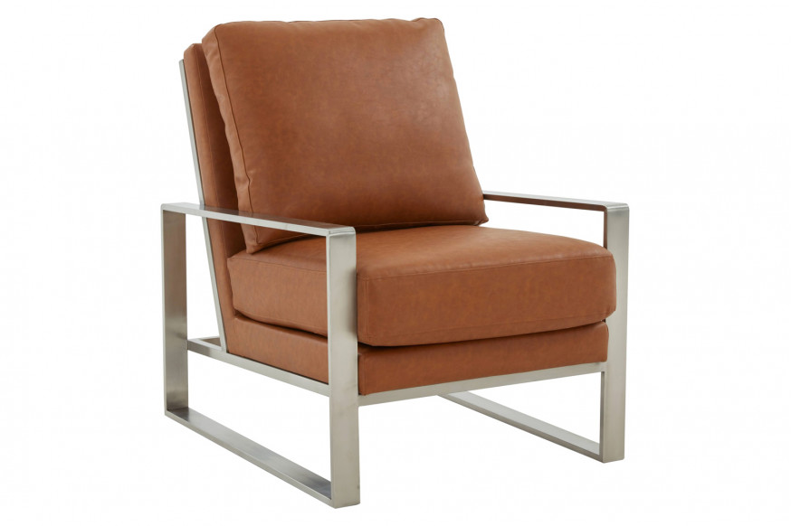 LeisureMod™ Jefferson Leather Modern Design Accent Armchair With Elegant Silver Frame - Cognac Tan