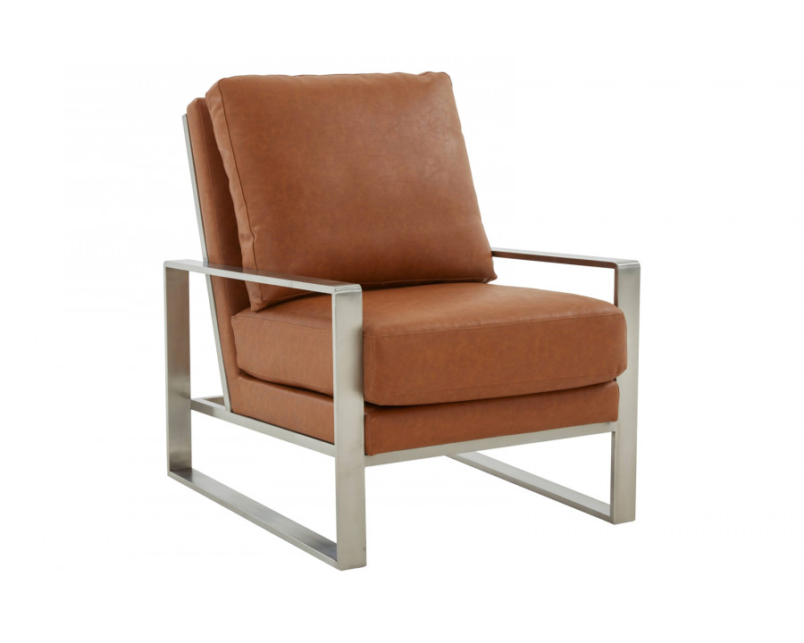 LeisureMod Jefferson Leather Modern Design Accent Armchair With Elegant Silver Frame - Cognac Tan