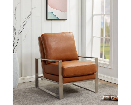 LeisureMod™ Jefferson Leather Modern Design Accent Armchair With Elegant Silver Frame - Cognac Tan