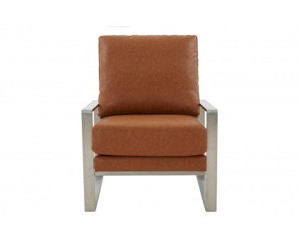 LeisureMod™ Jefferson Leather Modern Design Accent Armchair With Elegant Silver Frame - Cognac Tan