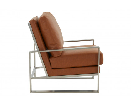 LeisureMod™ Jefferson Leather Modern Design Accent Armchair With Elegant Silver Frame - Cognac Tan