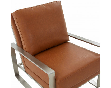 LeisureMod™ Jefferson Leather Modern Design Accent Armchair With Elegant Silver Frame - Cognac Tan