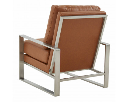 LeisureMod™ Jefferson Leather Modern Design Accent Armchair With Elegant Silver Frame - Cognac Tan