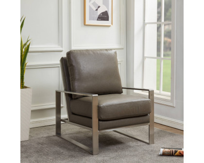 LeisureMod™ Jefferson Leather Modern Design Accent Armchair With Elegant Silver Frame - Gray