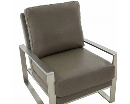 LeisureMod™ Jefferson Leather Modern Design Accent Armchair With Elegant Silver Frame - Gray