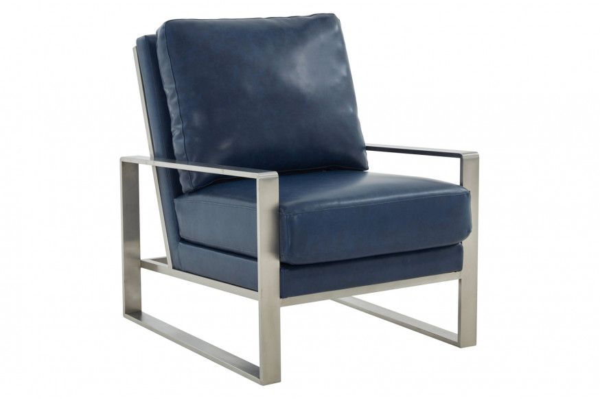 LeisureMod™ Jefferson Leather Modern Design Accent Armchair With Elegant Silver Frame - Navy Blue