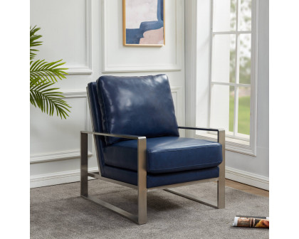 LeisureMod™ Jefferson Leather Modern Design Accent Armchair With Elegant Silver Frame - Navy Blue