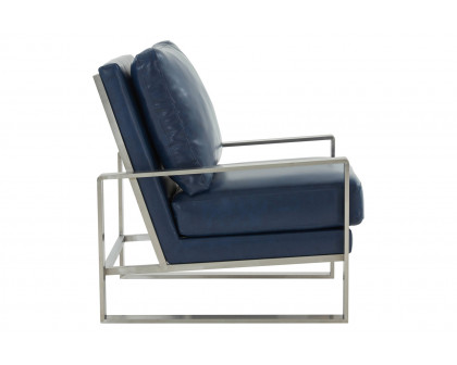 LeisureMod™ Jefferson Leather Modern Design Accent Armchair With Elegant Silver Frame - Navy Blue