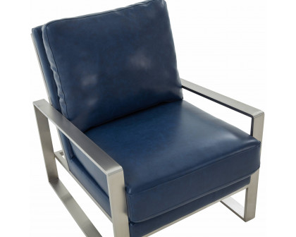 LeisureMod™ Jefferson Leather Modern Design Accent Armchair With Elegant Silver Frame - Navy Blue