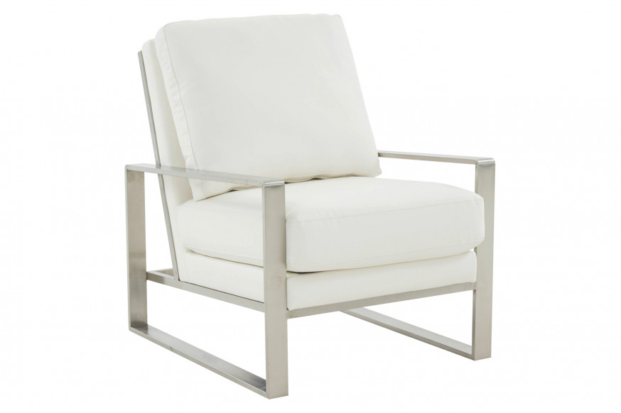 LeisureMod™ Jefferson Leather Modern Design Accent Armchair With Elegant Silver Frame - White