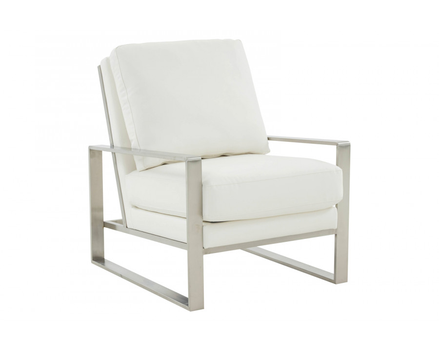 LeisureMod Jefferson Leather Modern Design Accent Armchair With Elegant Silver Frame - White