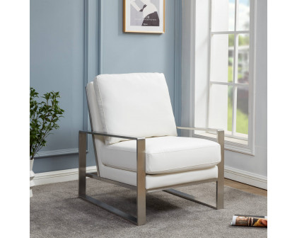 LeisureMod™ Jefferson Leather Modern Design Accent Armchair With Elegant Silver Frame - White