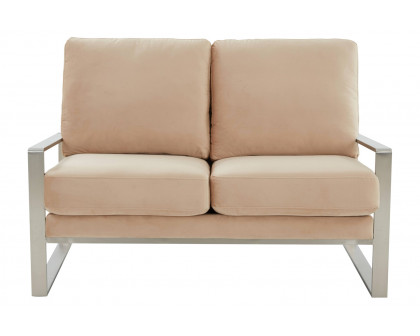 LeisureMod Jefferson Contemporary Modern Velvet Loveseat With Silver Frame - Beige