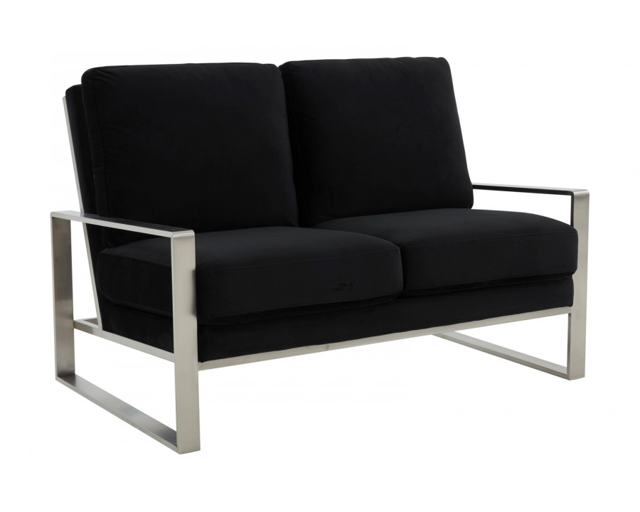 LeisureMod Jefferson Contemporary Modern Velvet Loveseat With Silver Frame - Black