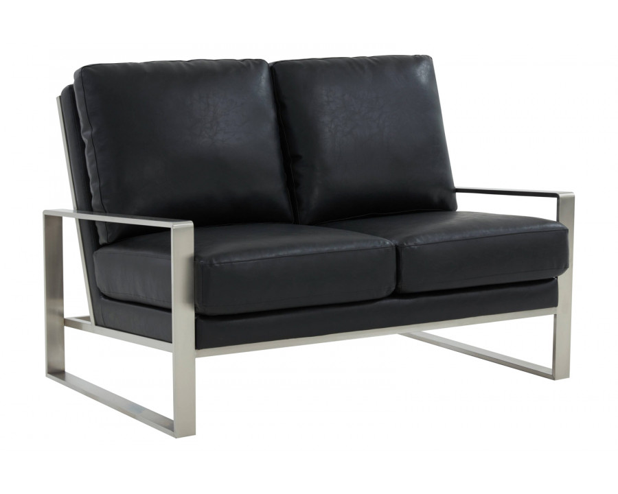 LeisureMod Jefferson Contemporary Modern Faux Leather Loveseat With Silver Frame - Black