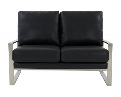 LeisureMod Jefferson Contemporary Modern Faux Leather Loveseat With Silver Frame - Black